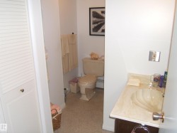 Bathroom with vanity, a baseboard heating unit, and a closet - 