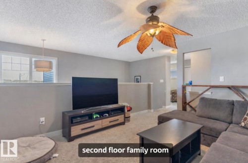 Carpeted living room with a textured ceiling and a ceiling fan - 21703 86 Avenue, Edmonton, AB - Indoor Photo Showing Living Room