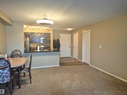 Kitchen with dark countertops, stainless steel appliances, a textured ceiling, dark carpet, and a peninsula - 