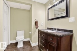 Bathroom with vanity and dark wood-type flooring - 