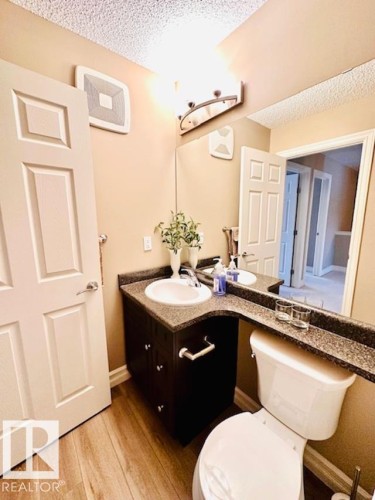 Half bathroom with vanity, light wood finished floors, and a textured ceiling - 12219 167A Avenue, Edmonton, AB - Indoor Photo Showing Bathroom