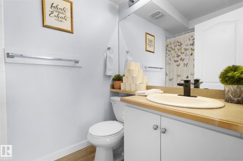 Full bathroom with vanity, a shower with shower curtain, light wood-style floors, and a textured ceiling - 502 7511 171 Street Nw, Edmonton, AB - Indoor Photo Showing Bathroom