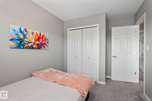 Bedroom with carpet flooring, a closet, and a textured ceiling - 3221 Cherry Cres Sw, Edmonton, AB - Indoor Photo Showing Bedroom