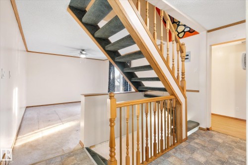 Stairs featuring ornamental molding, stone finish flooring, a textured ceiling, carpet floors, and ceiling fan - 12232 135 Street, Edmonton, AB - Indoor Photo Showing Other Room
