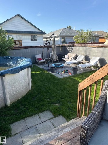 Fenced backyard featuring outdoor lounge area and a covered pool - 2952 39 Avenue, Edmonton, AB - Outdoor With Above Ground Pool