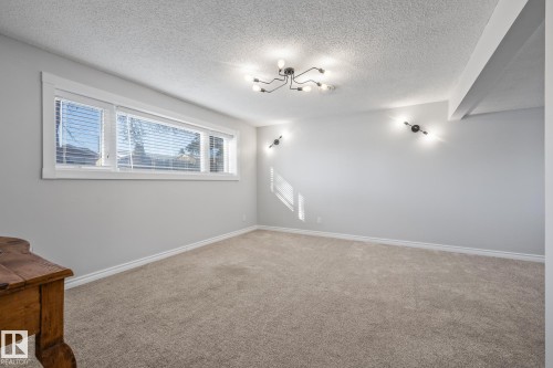 Unfurnished room featuring carpet floors, a textured ceiling, and suspended lighting - 14911 96 Street, Edmonton, AB - Indoor Photo Showing Other Room
