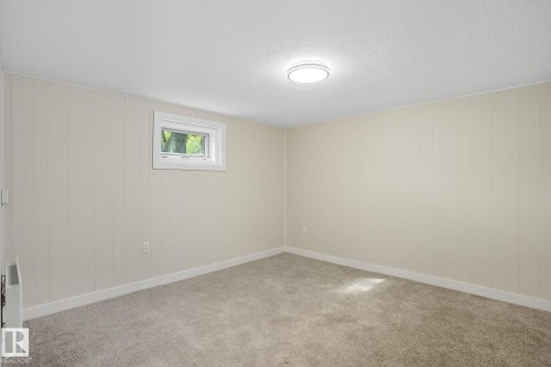 Unfurnished room featuring light colored carpet, a textured ceiling, and wooden walls - 11222 71 Avenue, Edmonton, AB - Indoor Photo Showing Other Room