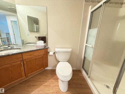 Full bathroom with a stall shower, vanity, and light wood-type flooring - 302 8215 84 Avenue, Edmonton, AB - Indoor Photo Showing Bathroom