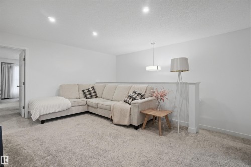Carpeted living room with baseboards and a textured ceiling - 9882 225A St Nw, Edmonton, AB - Indoor