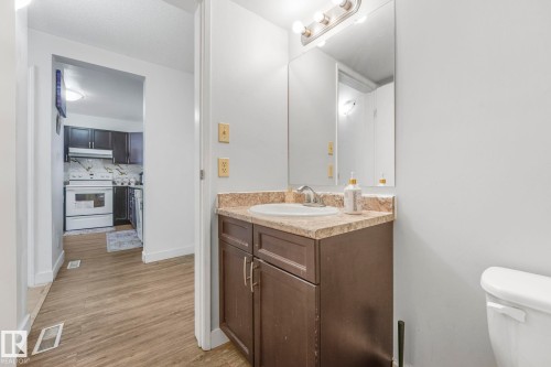 Half bathroom with vanity, light wood-style flooring, and tasteful backsplash - 19 1415 62 Street, Edmonton, AB - Indoor Photo Showing Bathroom