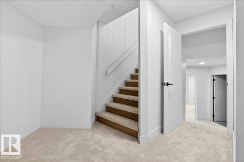 Stairway featuring baseboards and carpet - 218 Omand Drive, Edmonton, AB 