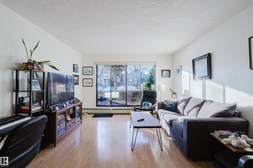 Living room with a textured ceiling, light wood-type flooring, and baseboard heating - 115 10545 Saskatchewan Drive, Edmonton, AB - Indoor Photo Showing Living Room