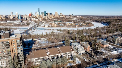 Aerial overview of property's location featuring city skyline - 115 10545 Saskatchewan Drive, Edmonton, AB - Outdoor With View