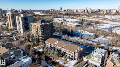 Aerial overview of property's location featuring city skyline - 115 10545 Saskatchewan Drive, Edmonton, AB - Outdoor With View