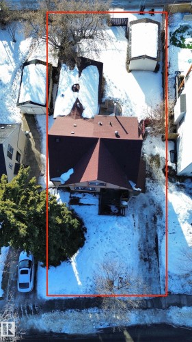 Snowy aerial view featuring property parcel outlined - 11507 72 Avenue Nw, Edmonton, AB - Outdoor