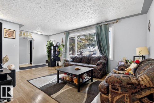 Living room with light wood finished floors and a textured ceiling - 13320 123 Street, Edmonton, AB - Indoor Photo Showing Living Room