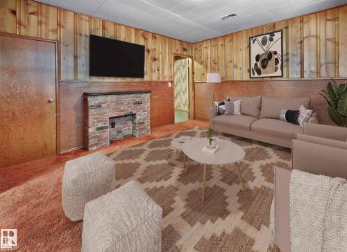 Living room with wooden walls, carpet flooring, and a fireplace - 11127 71 Avenue, Edmonton, AB - Indoor Photo Showing Living Room With Fireplace