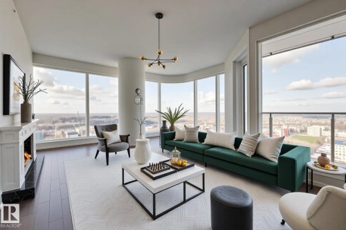 Living area featuring dark wood finished floors, a premium fireplace, and a chandelier - 3901 10360 102 Street, Edmonton, AB - Indoor Photo Showing Living Room