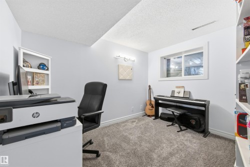 Home office with light colored carpet and a textured ceiling - 848 Millbourne Road E, Edmonton, AB - Indoor Photo Showing Office
