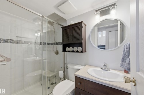 Bathroom featuring vanity and a shower stall - 848 Millbourne Road E, Edmonton, AB - Indoor Photo Showing Bathroom