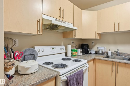 Kitchen with white range with electric cooktop and light wood finish cabinets - 302 2624 Mill Woods Road E, Edmonton, AB - Indoor Photo Showing Kitchen