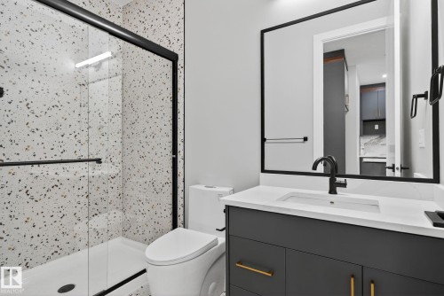 Bathroom featuring a stall shower and vanity - 456 Crystal Creek Link, Leduc, AB - Indoor Photo Showing Bathroom