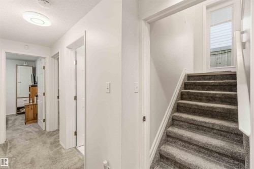 Stairs with carpet and a textured ceiling - 1706 Turvey Bend, Edmonton, AB - Indoor Photo Showing Other Room