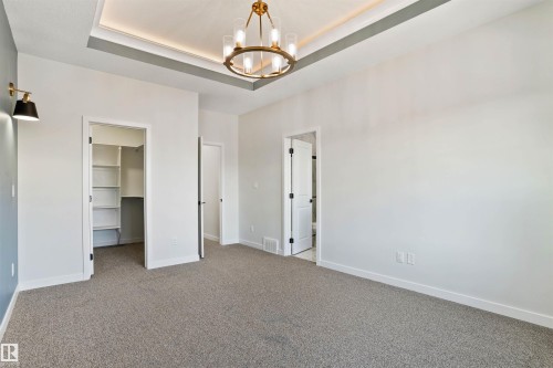 Unfurnished bedroom featuring a tray ceiling, a spacious closet, light colored carpet, and hanging lights - 112 25 Street, Edmonton, AB - Indoor Photo Showing Other Room