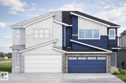 Contemporary home featuring stone siding, concrete driveway, a garage, and a shingled roof - 135 Pierwyck Loop, Spruce Grove, AB - Outdoor