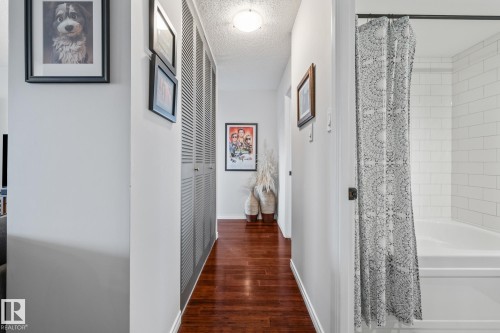 Hall featuring a textured ceiling and dark wood finished floors - 1502 9909 110 Street, Edmonton, AB - Indoor Photo Showing Bathroom