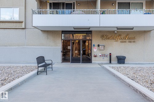 View of exterior entry with stucco siding - 1502 9909 110 Street, Edmonton, AB - Outdoor