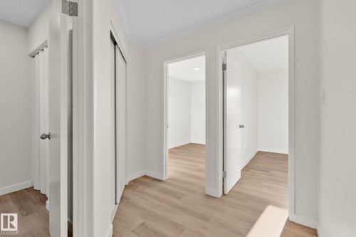 Hall with light wood-style flooring and ornamental molding - 4631 126 Avenue, Edmonton, AB - Indoor Photo Showing Other Room