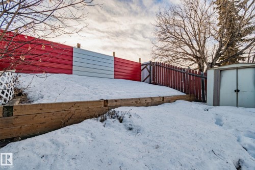 Yard layered in snow featuring a shed and a fenced backyard - 4631 126 Avenue, Edmonton, AB - Outdoor