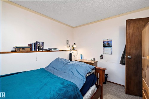 Carpeted bedroom with a textured ceiling - 12117 91 Street, Edmonton, AB - Indoor Photo Showing Bedroom