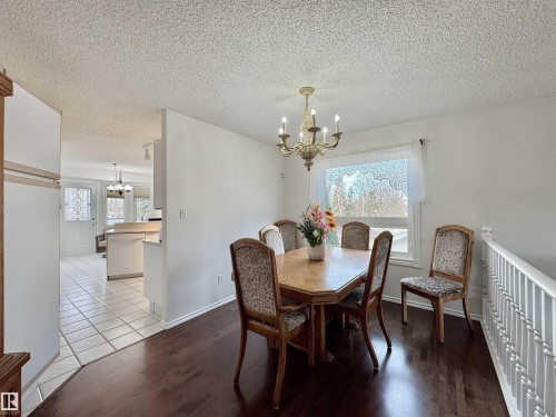Dining area with suspended lighting, a textured ceiling, and dark wood-type flooring - 3772 30 Street, Edmonton, AB - Indoor Photo Showing Dining Room