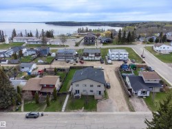 Aerial overview featuring a residential neighborhood with lake proximity, established trees, and varied architectural styles - 