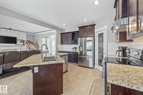 Kitchen with arched walkways, stainless steel appliances, dark wood finish cabinetry, open floor plan, and light stone countertops - 167 Bremner Crescent, Fort Saskatchewan, AB - Indoor Photo Showing Kitchen With Stainless Steel Kitchen With Double Sink With Upgraded Kitchen