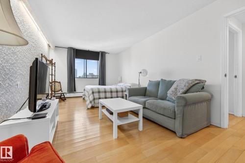 Living area featuring light wood-style flooring and a baseboard radiator - 1502 10160 115 Street, Edmonton, AB - Indoor Photo Showing Living Room