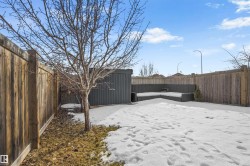 Yard layered in snow with a fenced backyard and a shed - 