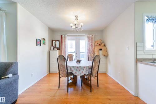 Dining room featuring light wood finished floors, a textured ceiling, and suspended lighting - 11522 128 Street, Edmonton, AB - Indoor Photo Showing Dining Room