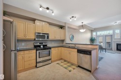 Kitchen featuring stainless steel appliances, open floor plan, dark countertops, decorative light fixtures, and decorative backsplash - 