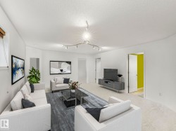 Living area with carpet flooring and a textured ceiling - 
