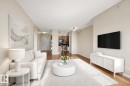 Photo has virtual staging - 304 9819 104 Street, Edmonton, AB  - Indoor Photo Showing Living Room 