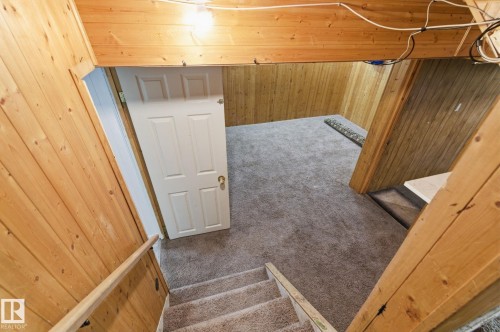 Stairs with wood walls and carpet floors - 180 Londonderry Square, Edmonton, AB - Indoor Photo Showing Other Room