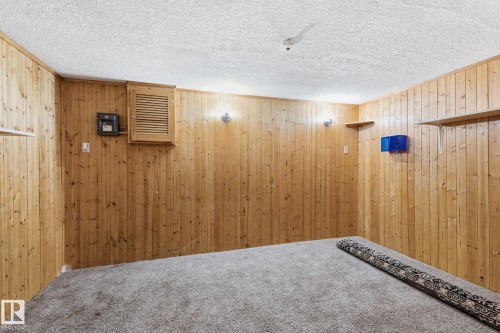 Unfurnished room featuring carpet floors, a textured ceiling, and wooden walls - 180 Londonderry Square, Edmonton, AB - Indoor