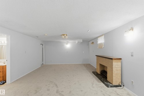 Below grade area with light colored carpet, a brick fireplace, and a textured ceiling - 135 Humberstone Road, Edmonton, AB - Indoor
