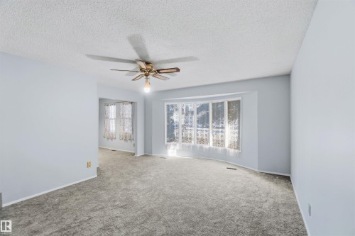 Carpeted empty room featuring ceiling fan and a textured ceiling - 135 Humberstone Road, Edmonton, AB - Indoor Photo Showing Other Room