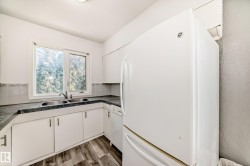 Kitchen featuring white appliances, dark countertops, white cabinets, and dark wood-style floors - 