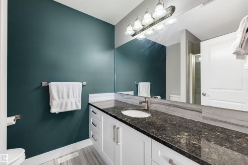 Full bath featuring a shower stall and vanity - 81 Richmond Link, Fort Saskatchewan, AB - Indoor Photo Showing Bathroom