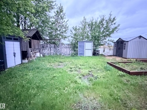 Expansive backyard featuring a lush lawn, three storage sheds, and a wood privacy fence - 68 9501 104 Avenue, Westlock, AB 